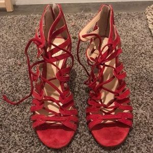 Red Vince Camuto lace up heels